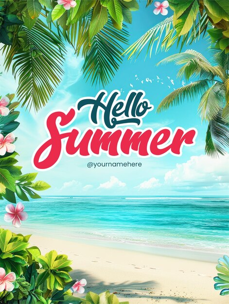 PSD hello summer poster template with a beach scene