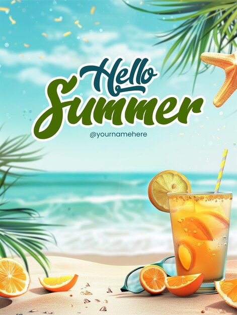 PSD hello summer poster template with a beach scene