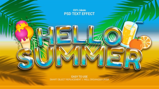 PSD hello summer text effect in glass 3d style