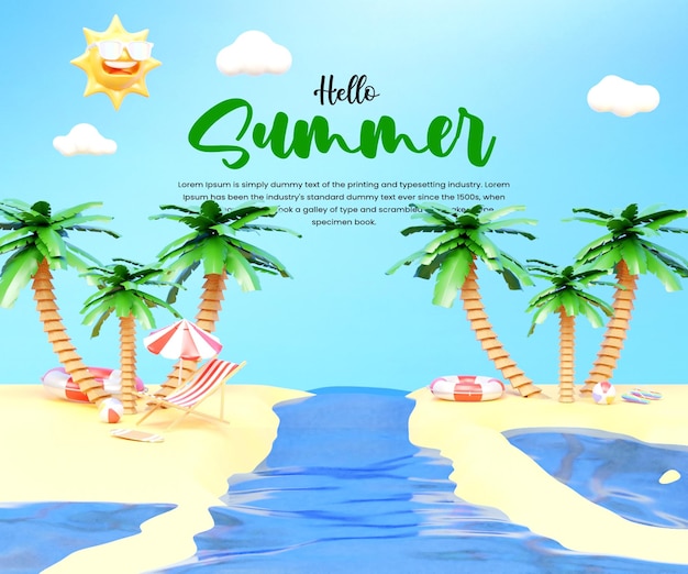 Hello summer vacation background banner design with palm tree beach umbrella beach chair and ball