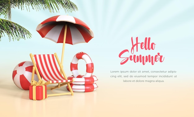 PSD hello summer vacation concept background with 3d beach chair umbrella and summer element composition