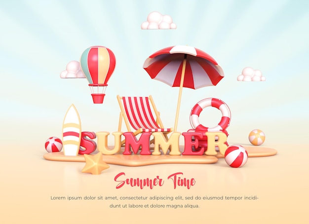 Hello summer vacation concept background with 3d lettering of summer and summer element composition