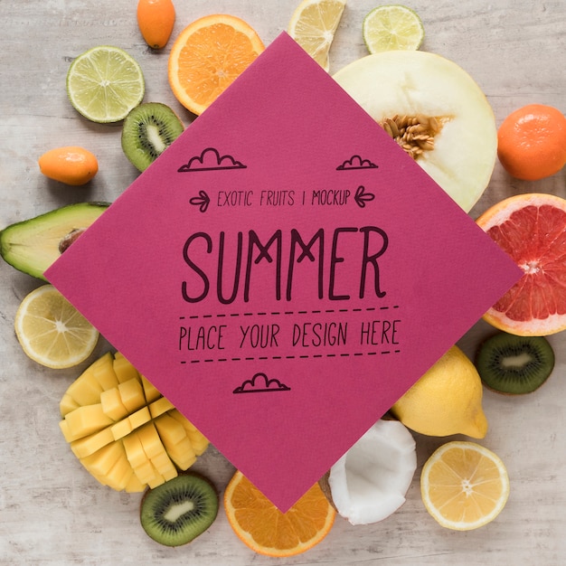 PSD hello summer with collection of exotic fruits