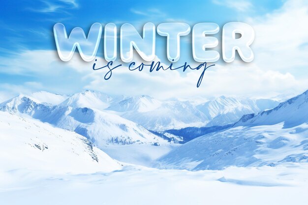 PSD hello winter background template with panorama of winter mountains with snow