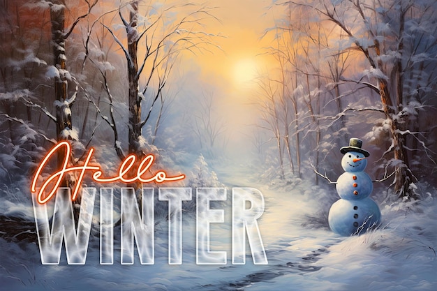 PSD Здравствуйте, зимний фон с путешествием снеговика через зимний пейзаж на светлом фоне