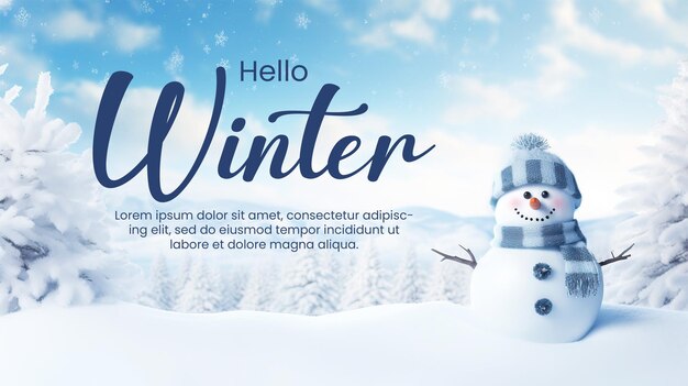 Hello winter background with panoramic view of happy snowman in winter secenery