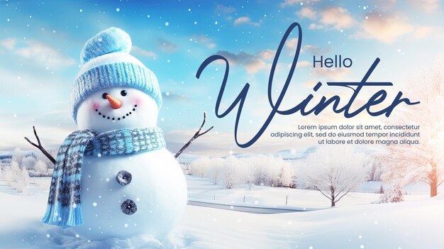 PSD hello winter background with panoramic view of happy snowman in winter secenery