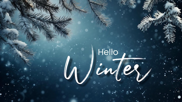 PSD hello winter background with snowflakes settling on pine branches under soft winter moonlight