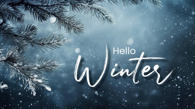 PSD hello winter background with snowflakes settling on pine branches under soft winter moonlight