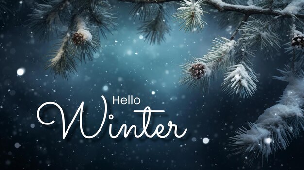 PSD hello winter background with snowflakes settling on pine branches under soft winter moonlight