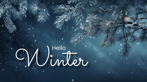 PSD hello winter background with snowflakes settling on pine branches under soft winter moonlight