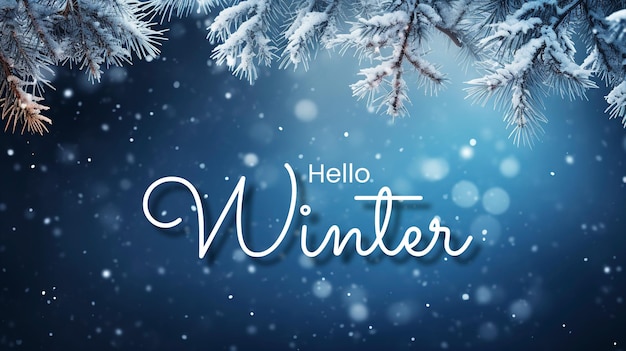 PSD hello winter background with snowflakes settling on pine branches under soft winter moonlight