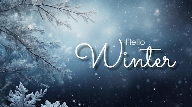 PSD hello winter background with snowflakes settling on pine branches under soft winter moonlight