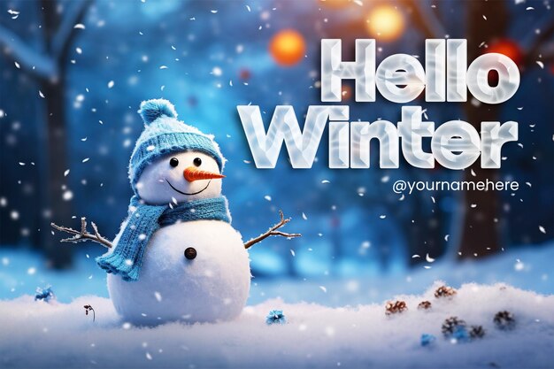 PSD hello winter banner sjabloon en winter achtergrond met sneeuwman achtergrond