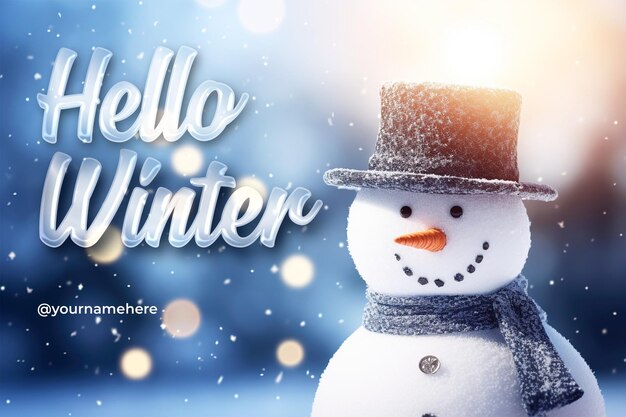 PSD hello winter banner sjabloon ontwerp met sneeuwman achtergrond