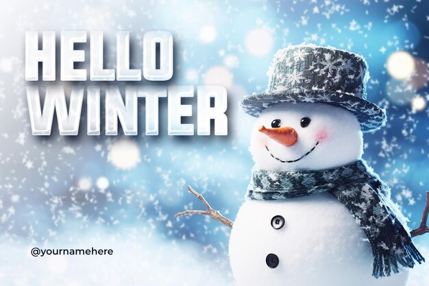 PSD hello winter banner sjabloon ontwerp met sneeuwman achtergrond