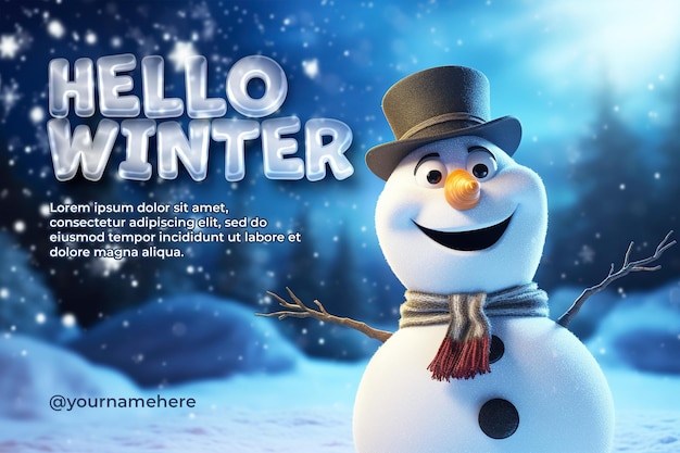 PSD hello winter banner template design con sfondo di pupazzo di neve