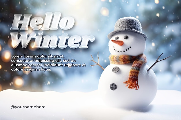 PSD hello winter banner template design with snowman background