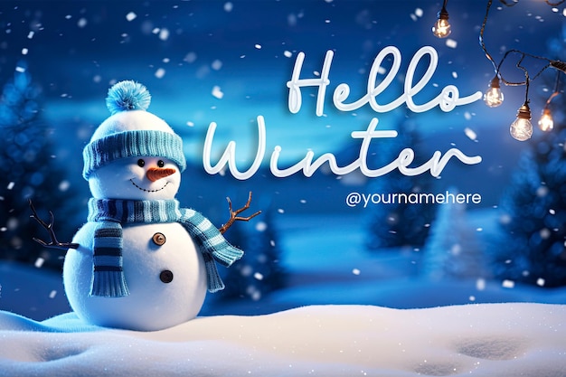 Hello winter banner template and winter background with snowman background