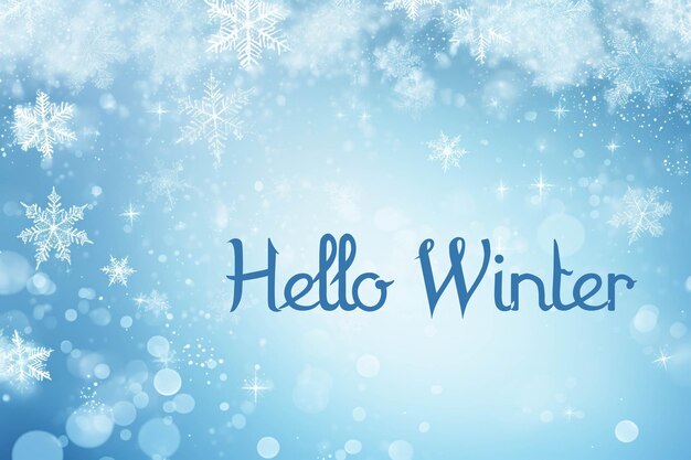 Hello winter concept banner template felice pupazzo di neve sullo sfondo di un paesaggio invernale