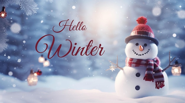 PSD hello winter concept banner template felice pupazzo di neve sullo sfondo di un paesaggio invernale