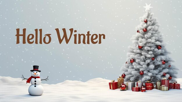 Hello winter concept banner template felice pupazzo di neve sullo sfondo di un paesaggio invernale