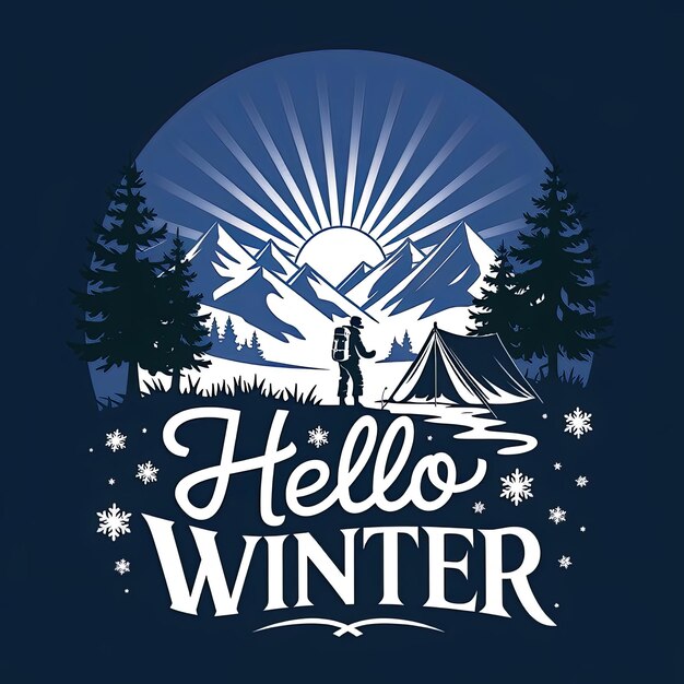 hello winter festival specialthemed design featuring a hiker standing near a tent in