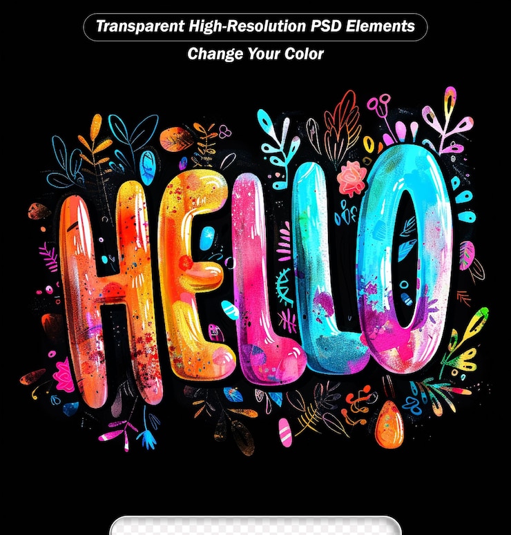 PSD hello word text with handwritten rainbow vibrant colors and confetti vector illustration