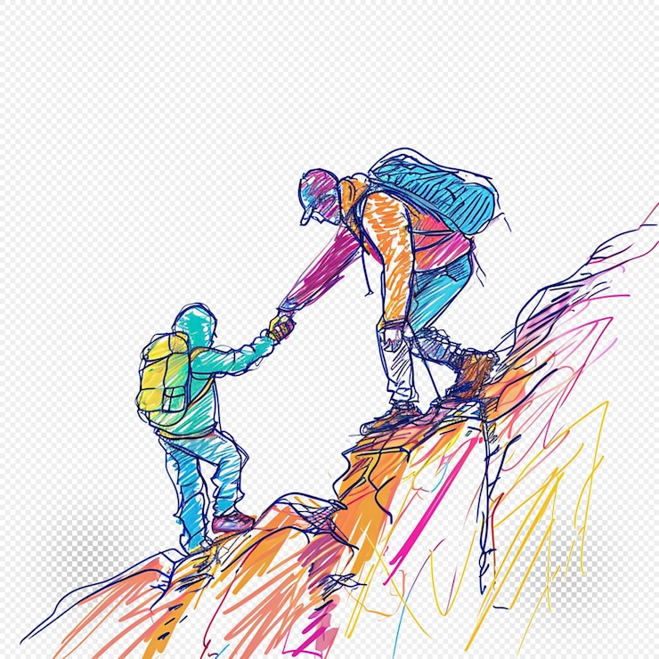 PSD helping hand hiking on hill sketch transparent background