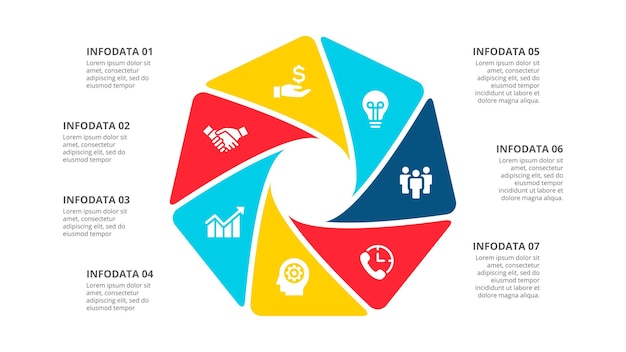 PSD diagramma infografico ettagono modello per la presentazione dell'attività del ciclo con 7 processi