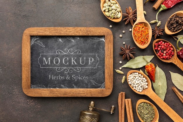 Herbs and spices mock-up with blackboard