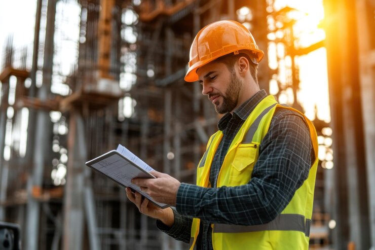 PSD heres a possible responsexaxa construction worker reviewing blueprints on a tablet at a building site