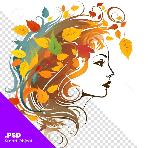 PSD herfst vrouw profiel met bladeren in haar haar vector illustratie psd sjabloon