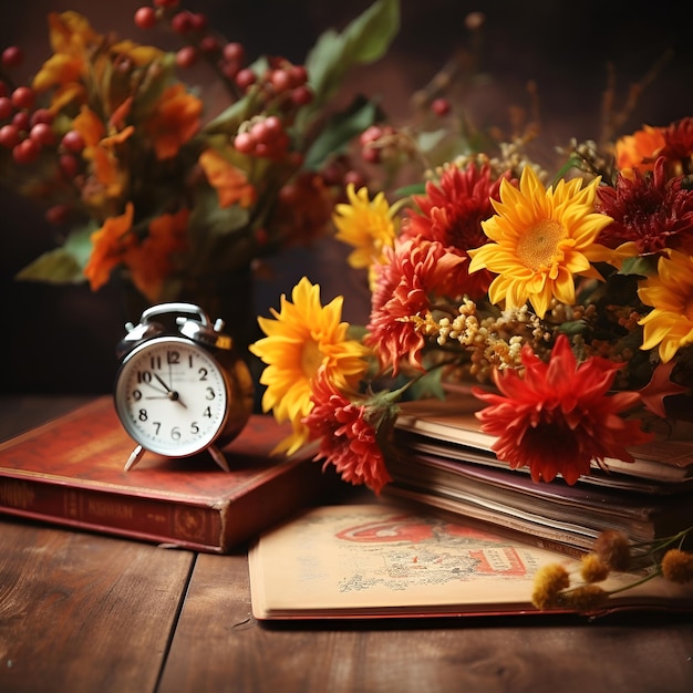 PSD herfstbloemen met een boek en een wekker op de tafel