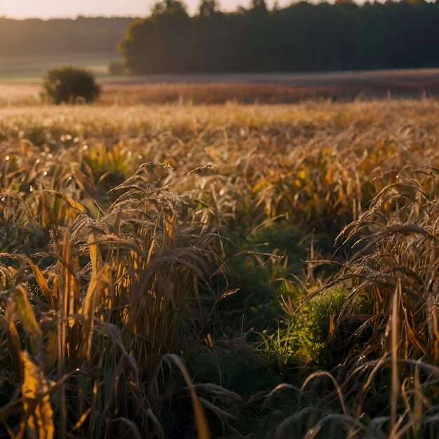 Herfstveld in de ochtend met ochtendzonneschijn en glinsterende dauw