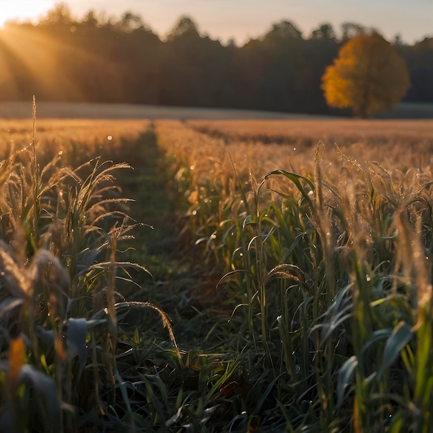 Herfstveld in de ochtend met ochtendzonneschijn en glinsterende dauw