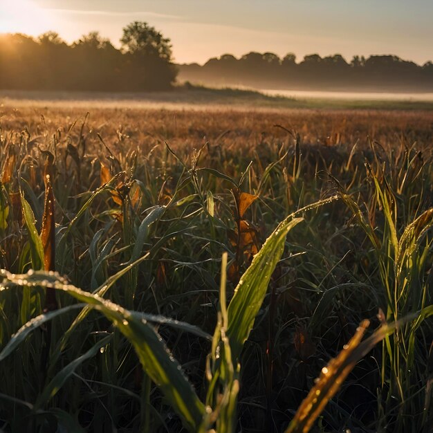 PSD herfstveld in de ochtend met ochtendzonneschijn en glinsterende dauw