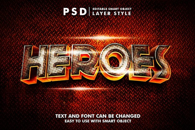 Heroes 3d-realistisch teksteffect met ijzeren stijl premium psd