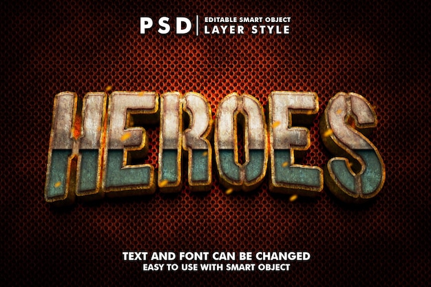 Heroes 3D-realistisch teksteffect met ijzeren stijl premium psd