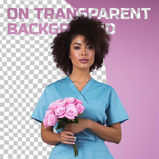 A hesitant adult woman with kinky hair from the hispanic ethnicity dressed in orthopedic surgeon attire poses in a standing with tilted hips style against a pastel rose background