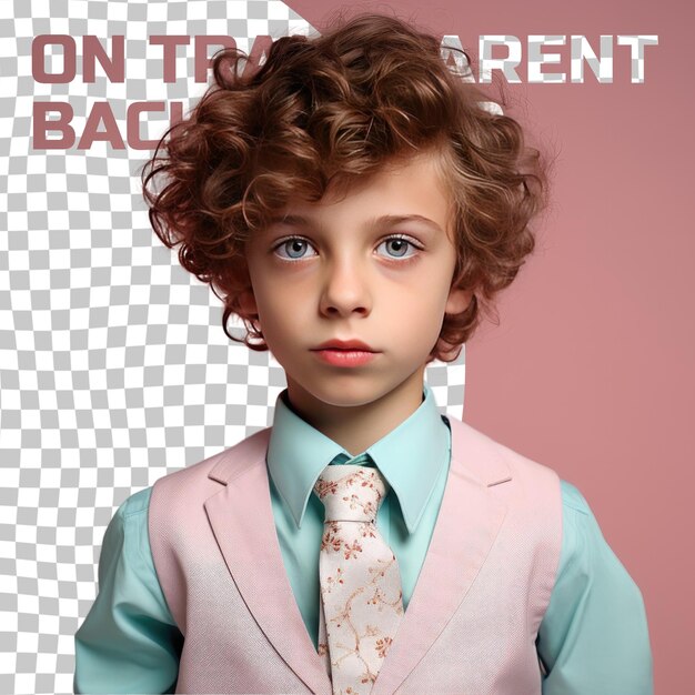 PSD a hesitant child boy with curly hair from the slavic ethnicity dressed in architect attire poses in a close up of lips style against a pastel blue background