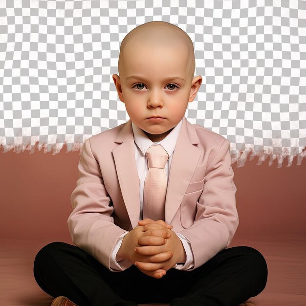 PSD a hesitant preschooler boy with bald hair from the slavic ethnicity dressed in recruiter attire poses in a sitting with hands clasped style against a pastel beige background