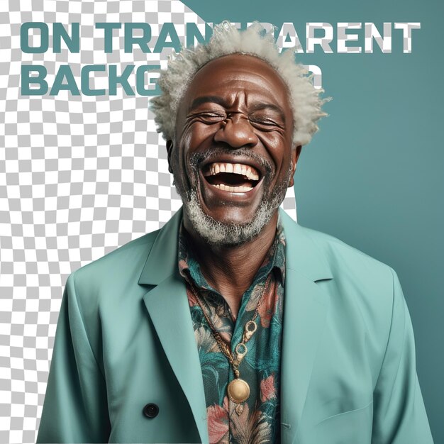 PSD a hesitant senior man with kinky hair from the african ethnicity dressed in photographer attire poses in a eyes closed with a smile style against a pastel teal background