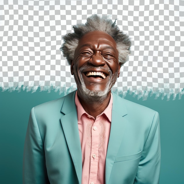 PSD a hesitant senior man with kinky hair from the african ethnicity dressed in photographer attire poses in a eyes closed with a smile style against a pastel teal background