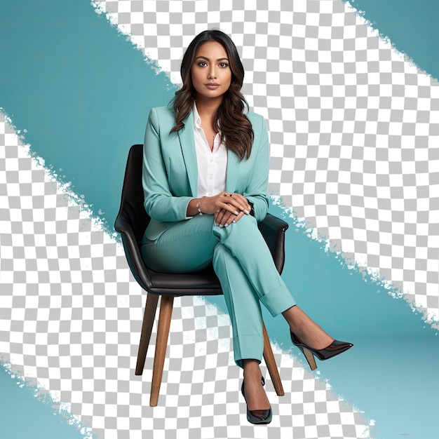 PSD a hesitant young adult woman with long hair from the west asian ethnicity dressed in hotel manager attire poses in a seated pose with crossed legs style against a pastel turquoise backgroun