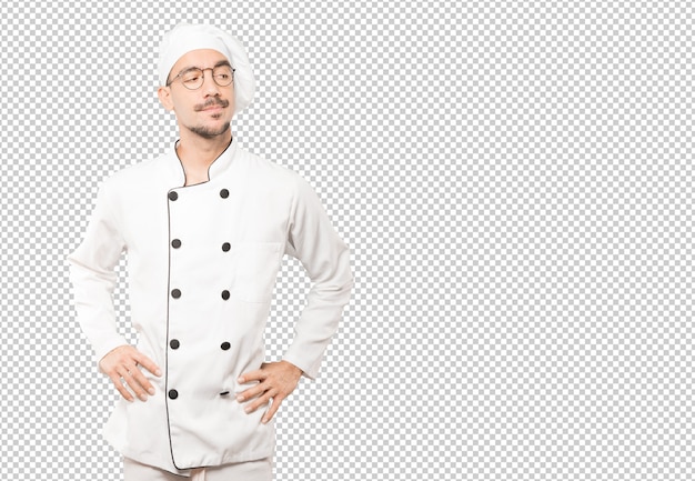 Hesitant young chef looking up gesture