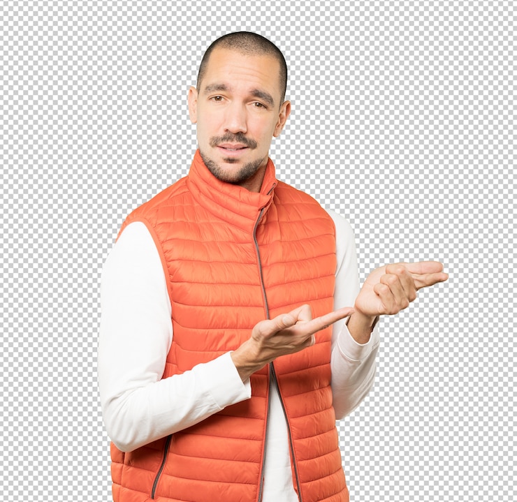 PSD hesitant young man pointing at you with his finger