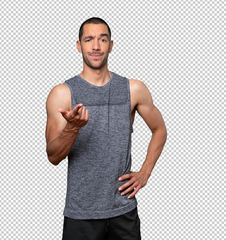 PSD hesitant young man pointing at you with his finger