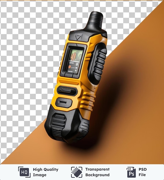 PSD het beeld toont een close-up van een gele en zwarte mobiele telefoon met een zwart scherm met een zwarte knop aan de linkerkant de telefoon is geplaatst voor een gele en zwart