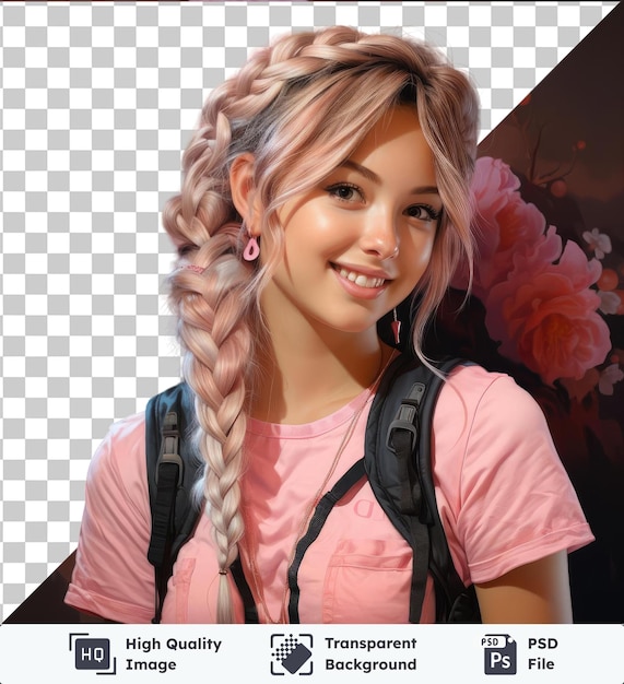 PSD het beeld toont een close-up van een meisje gezicht met een roze bloem op de voorgrond het meisje heeft lang blond haar en een bruin oog en draagt een roze shirt